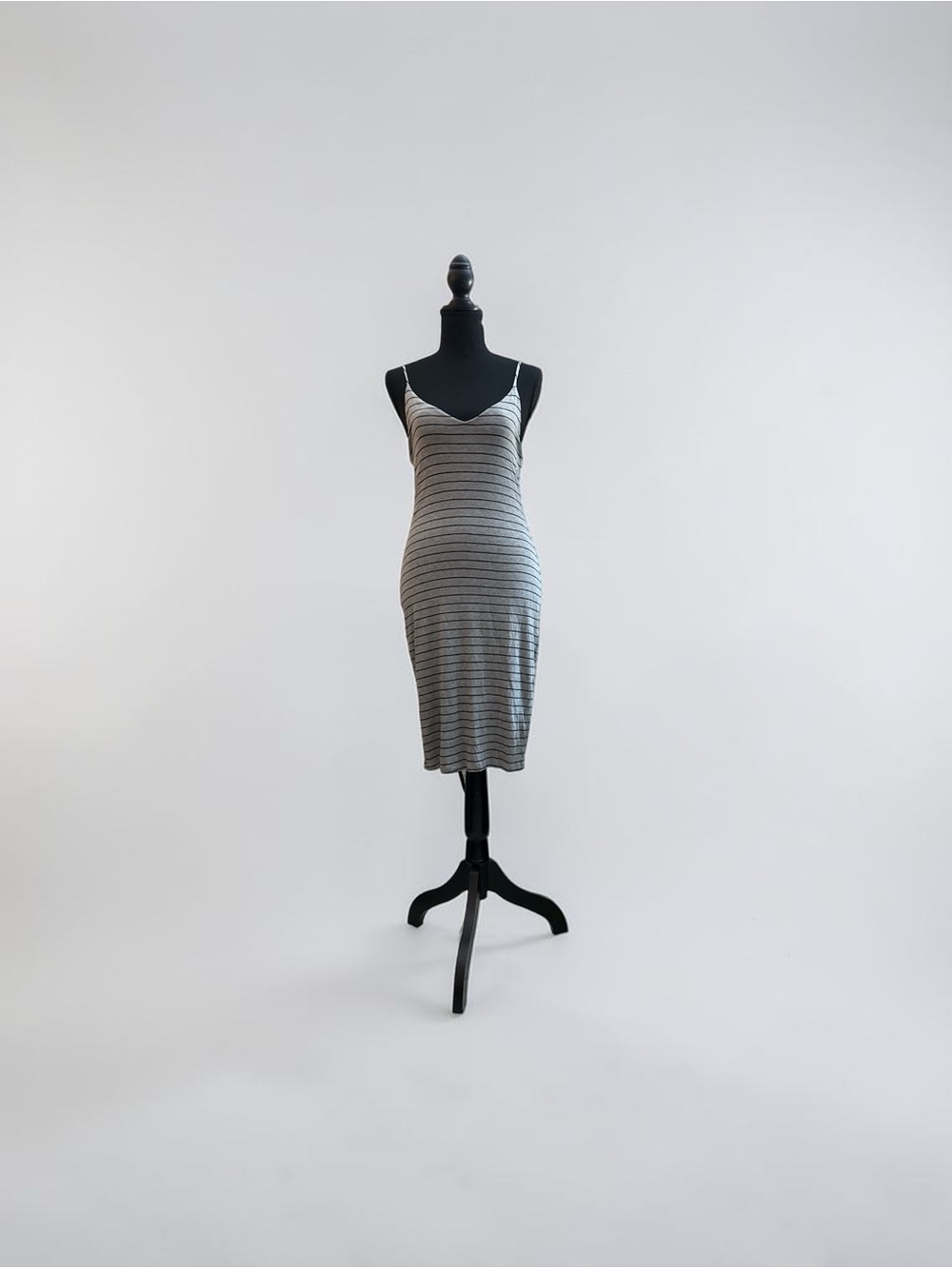 Gray Striped Midi Slip Dress with Thin Straps